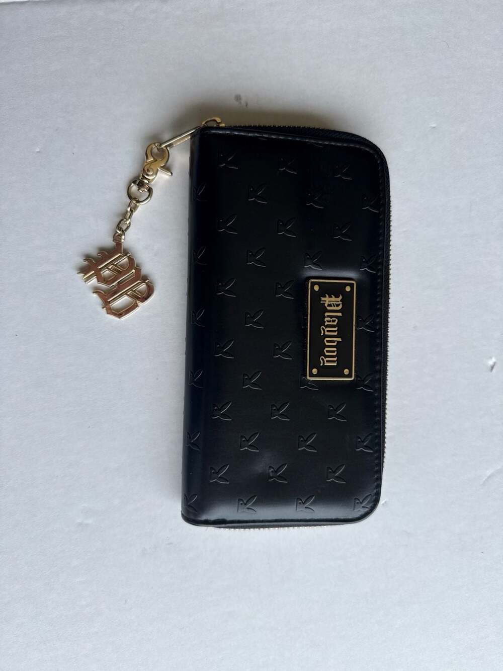 Playboy Black Embossed Bunny Logo Zip Around Wallet with Charm - Picture 2 of 5